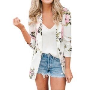 Philosophy Floral White Blazer with Pink and Olive Accents